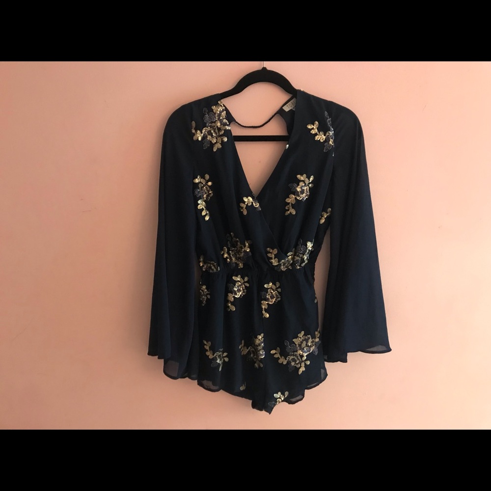 Tobi Backless Bell Sleeve Navy Romper